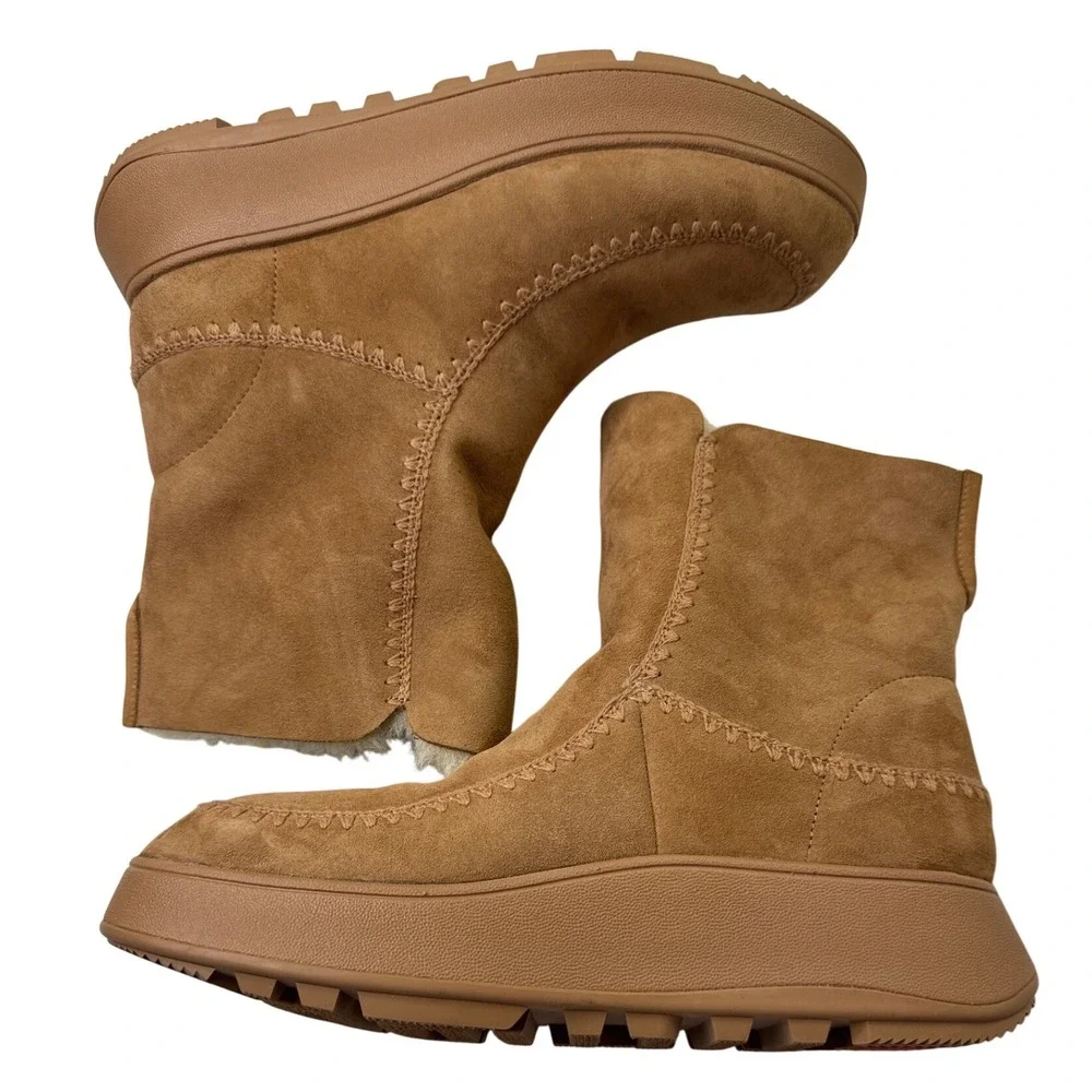 FitFlop Mukluk Short Suede Shearling Boots Tan Platform‎ Womens 11